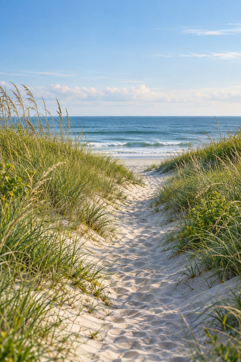 A sandy path through beach grasses leading toward a quiet blue ocean